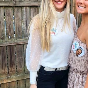 White Polka Dot Mesh Sleeve Turtleneck Sweater